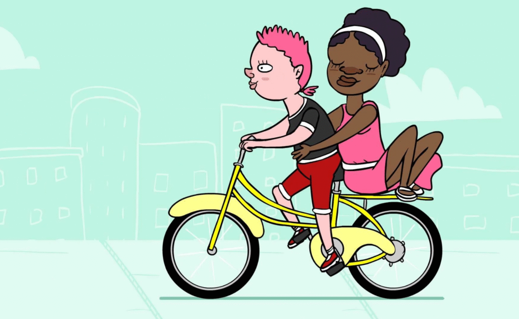 Sur l’image, on voit deux jeunes femmes souriantes qui font du vélo ensemble. L’une conduit, l’autre est assise derrière. Le fond est simple, avec des immeubles dessinés en traits blancs sur un fond vert clair.